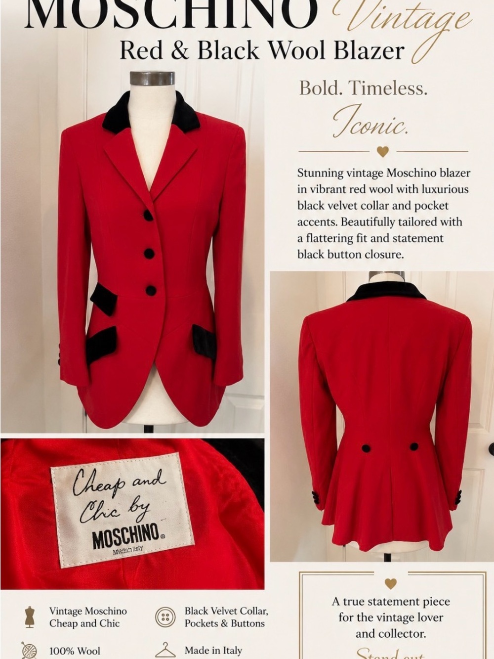 Moschino, beautiful red blazer velvet accents size 10